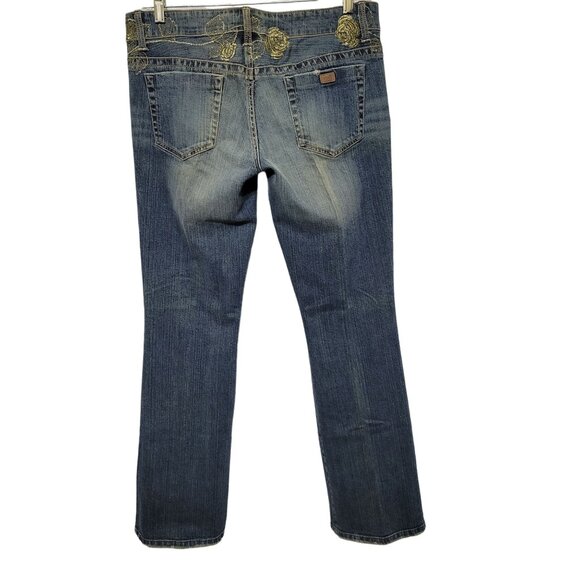 Guess Womens Size 32 Jeans Denim Embroidered Gold Roses Bootcut Factory Fade - Picture 2 of 15